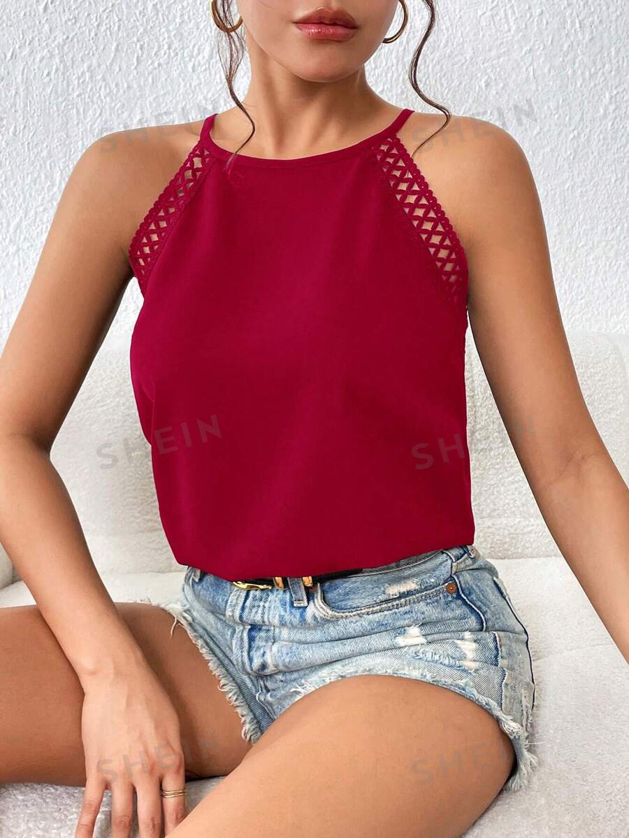 Frenchy Top Halter De Espalda Abierta Con Cordón Con Encaje En